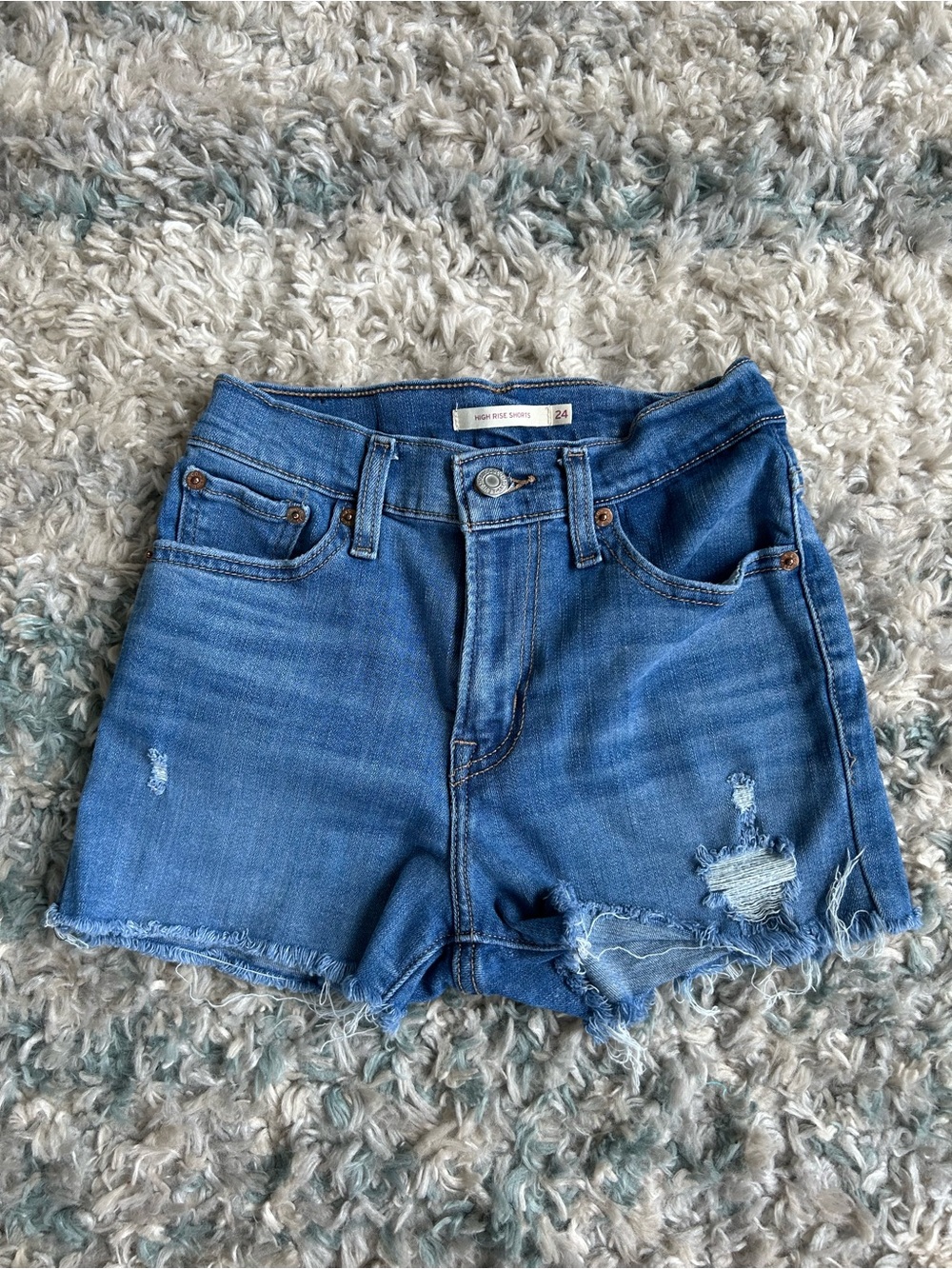 Levi’s High-Rise Distressed Blue Denim Jean Shorts